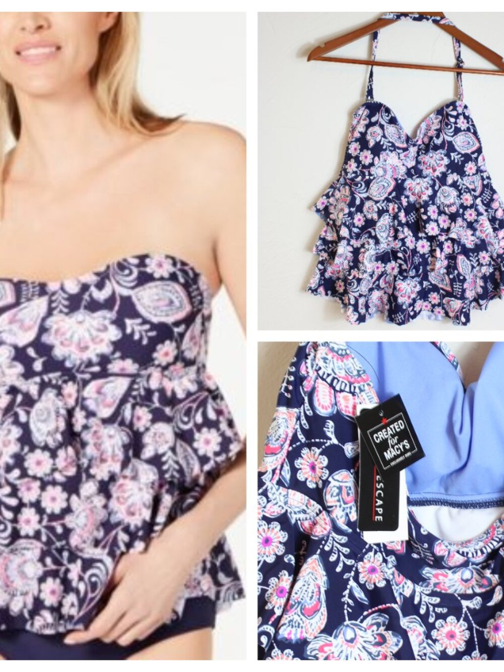 Island Escape Santa Barbara Halter Tiered Tankini Top Navy Blue Sz 6 NWT